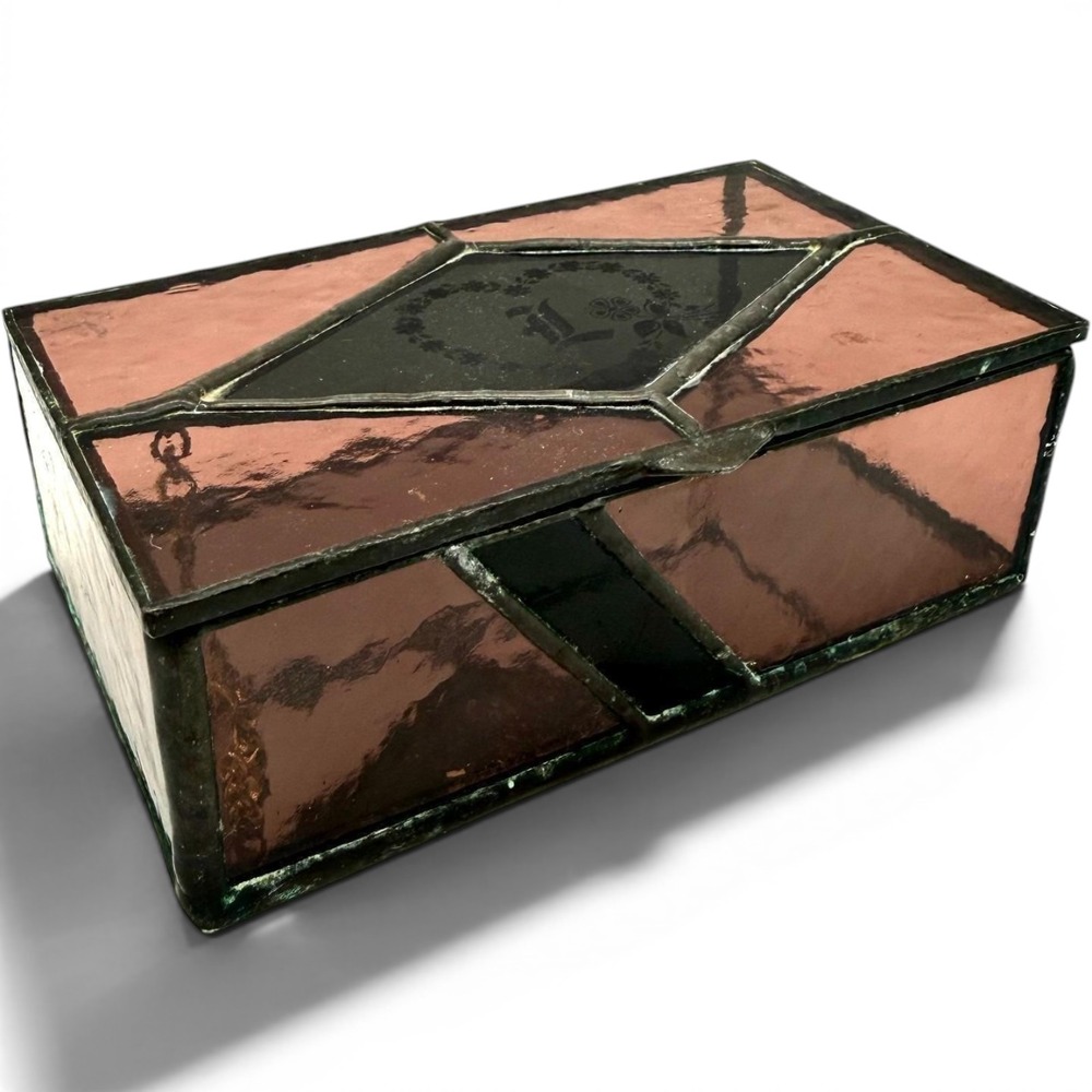 Vintage Pink Stained Glass Jewelry Box Etched Monogram "L" Mirrored Trinket